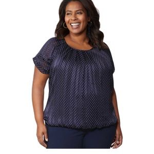 DressBarn Women's Navy/White Roz & Ali Navy Dot Bubble Hem Blouse